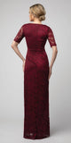 Burgundy Lace Long Formal Dress with Brooch and Drapes