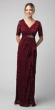 Burgundy Lace Long Formal Dress with Brooch and Drapes