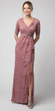 Mauve Lace Long Formal Dress with Brooch and Drapes