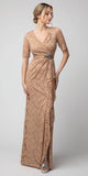 Mocha Lace Long Formal Dress with Brooch and Drapes