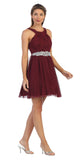 Burgundy Homecoming Short Dress Embellished Waist