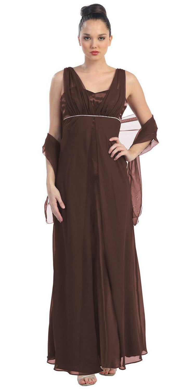 Long Sleeveless Belted Empire Waist Brown Bridesmaid Gown