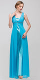 Long Sleeveless Belted Empire Waist Turquoise Bridesmaid Gown