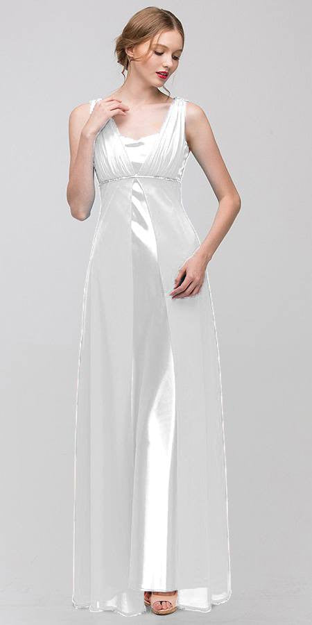 Long Sleeveless Belted Empire Waist White Bridesmaid Gown
