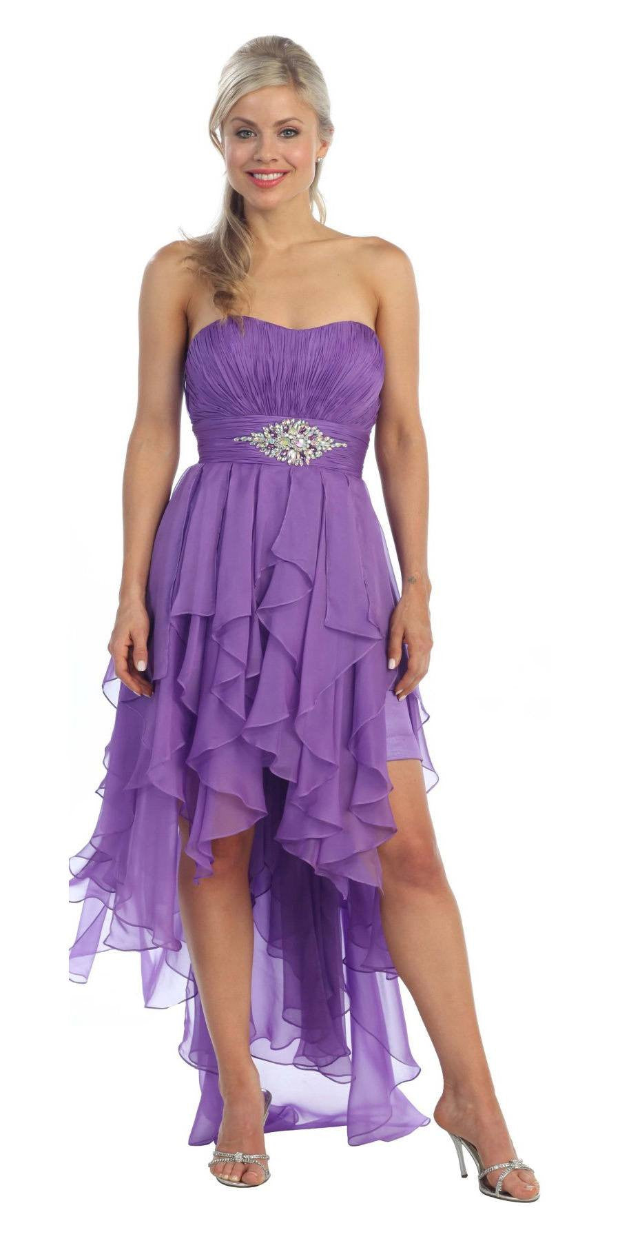 Dark Lilac Dress High Low Chiffon Strapless Layer Skirt Rhinestones