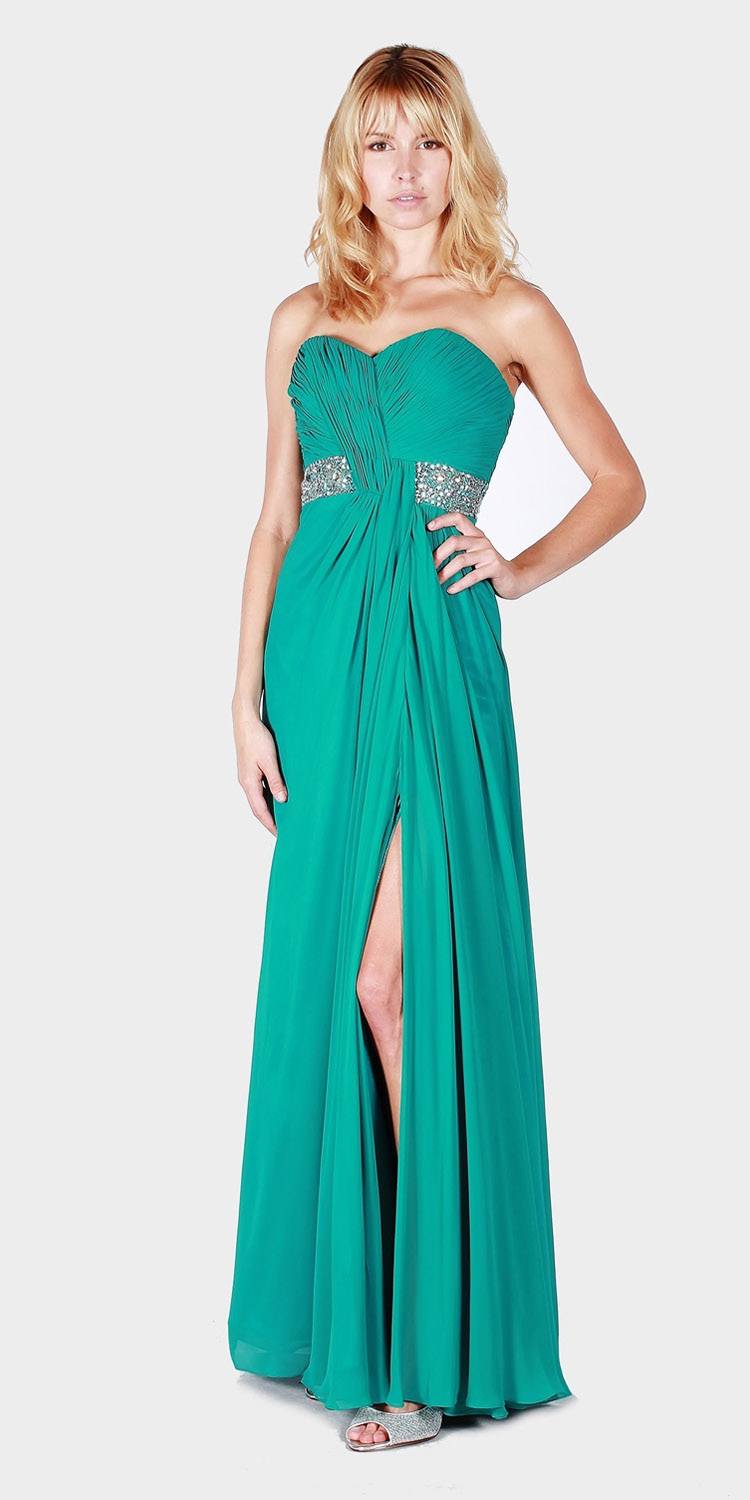Ruched Bodice Jade Strapless Long Prom Gown