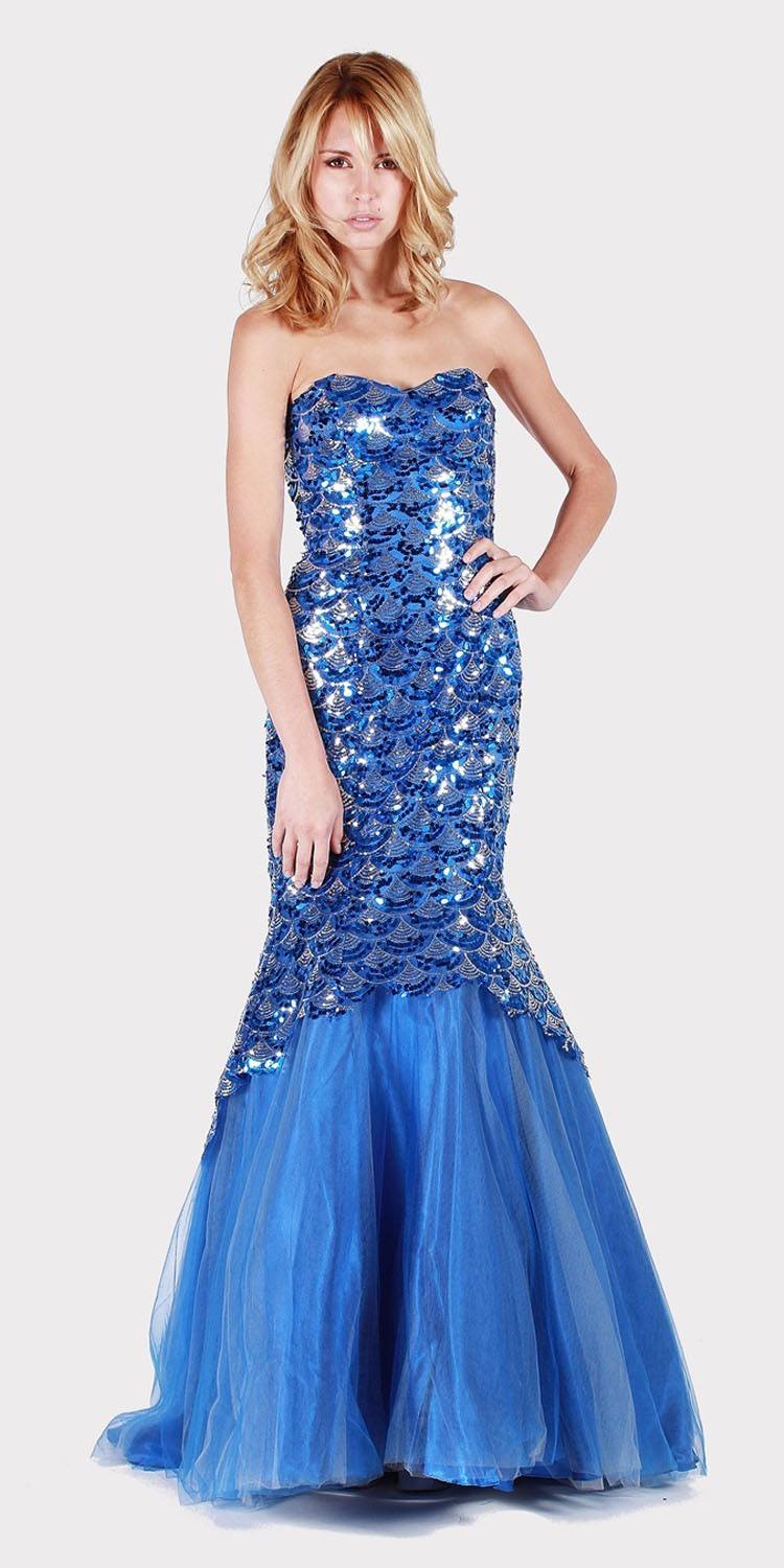 Royal Blue Sequins Mermaid Prom Gown Strapless