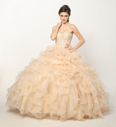 Juliet 1418 Champagne Beaded Corset Bodice Organza Ruffle Skirt Cinderella Ballgown
