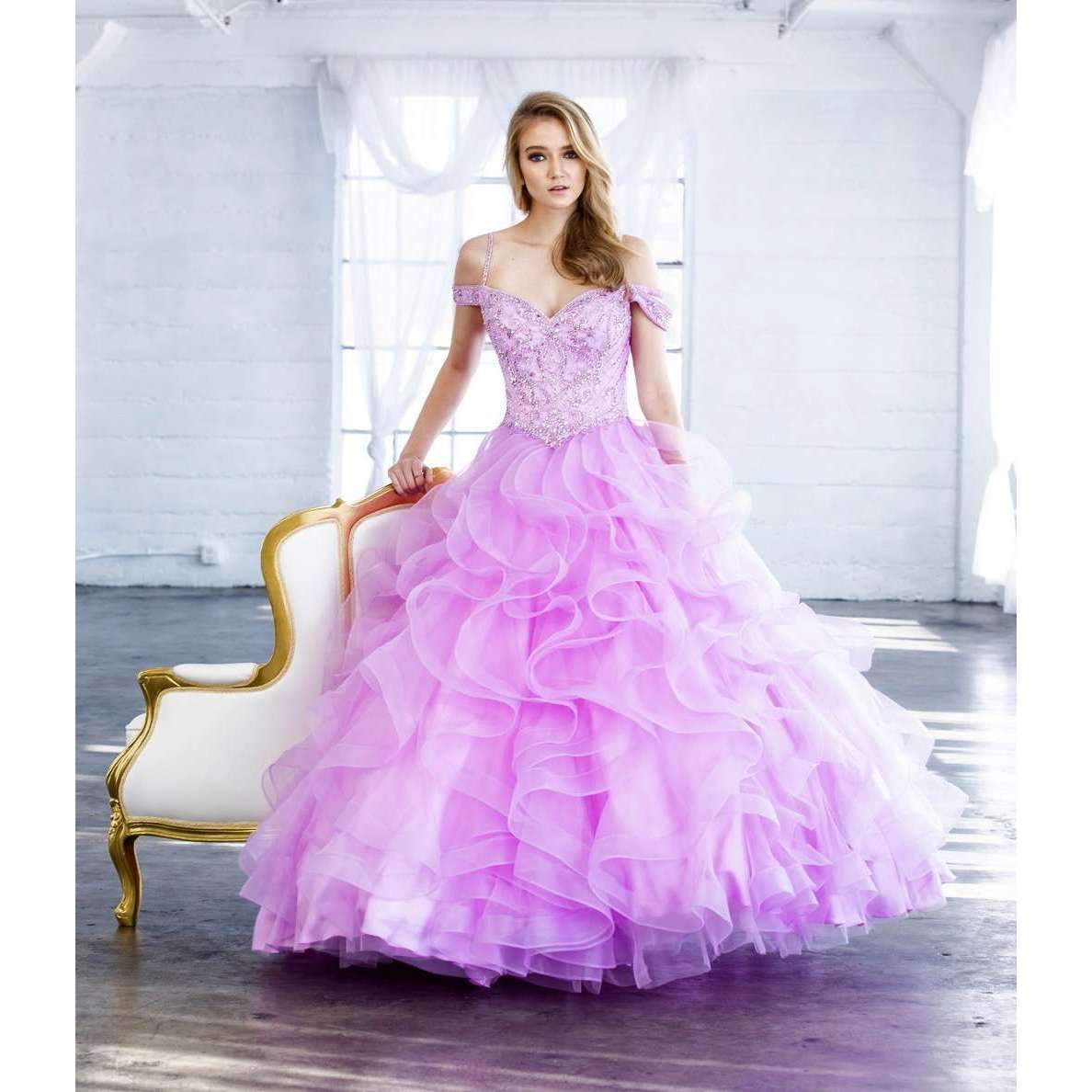 Juliet 1421 Lilac Cinderella Ball Gown Ruffled Tulle Cold Shoulder Embroidered Bodice