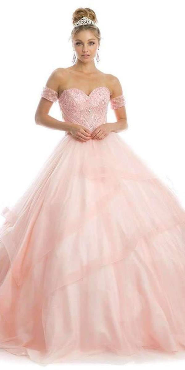 Juliet 1424 Blush Quinceanera Ball Gown Tulle Skirt With Arm Bands Beaded Bodice