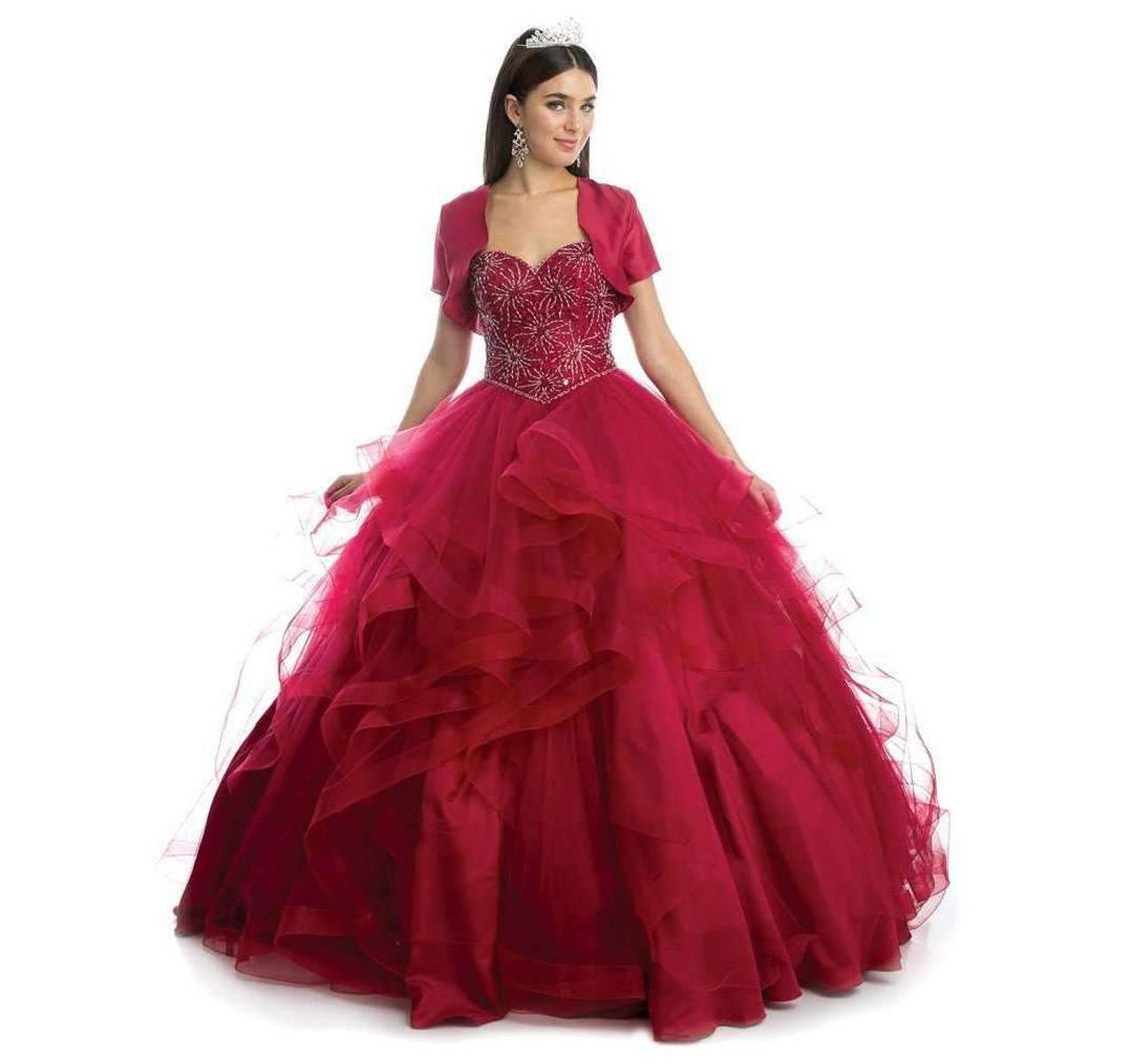 Juliet 1425 Beaded Bodice Quinceanera Tulle Ball Gown Burgundy Detachable Sleeves