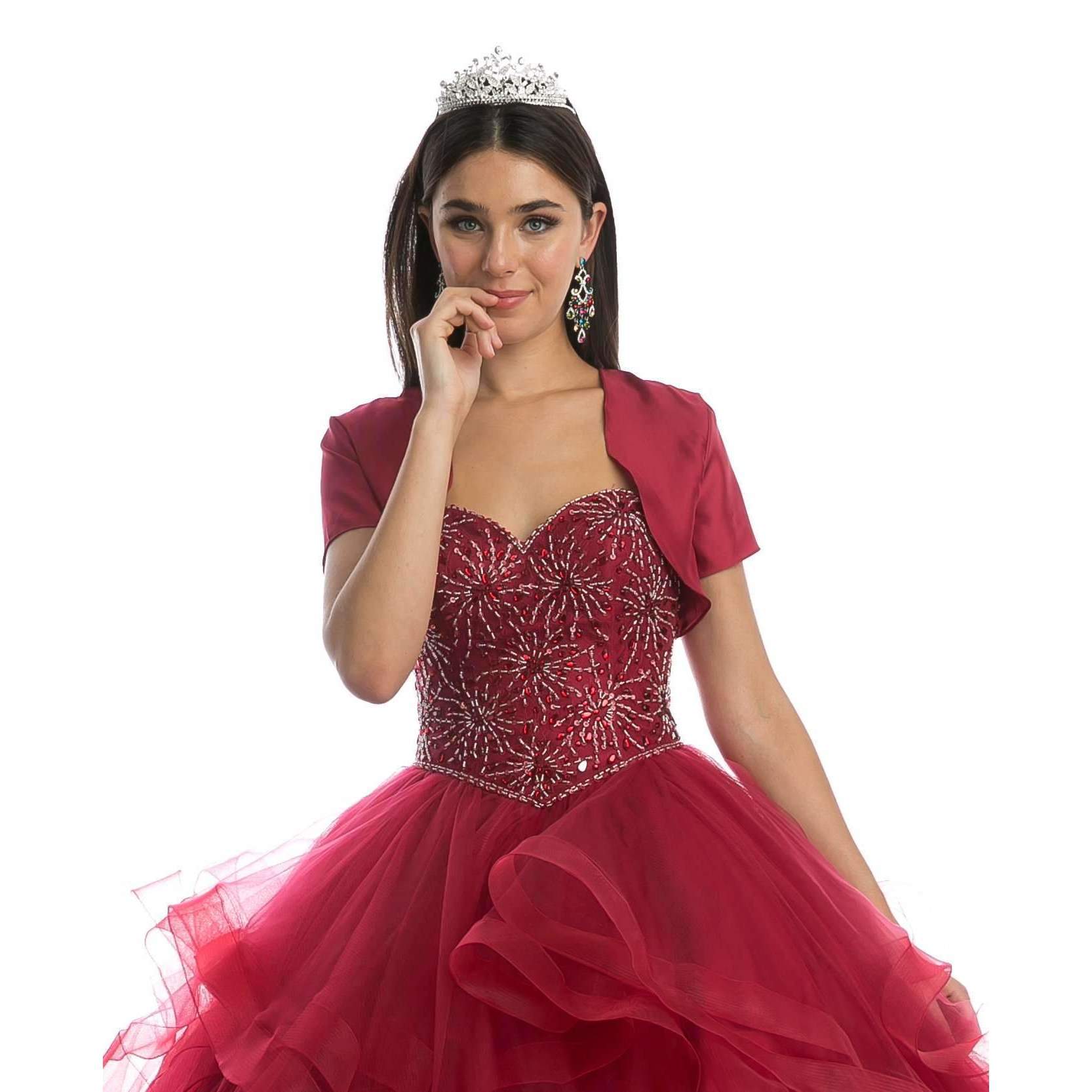Juliet 1425 Beaded Bodice Quinceanera Tulle Ball Gown Burgundy Detachable Sleeves