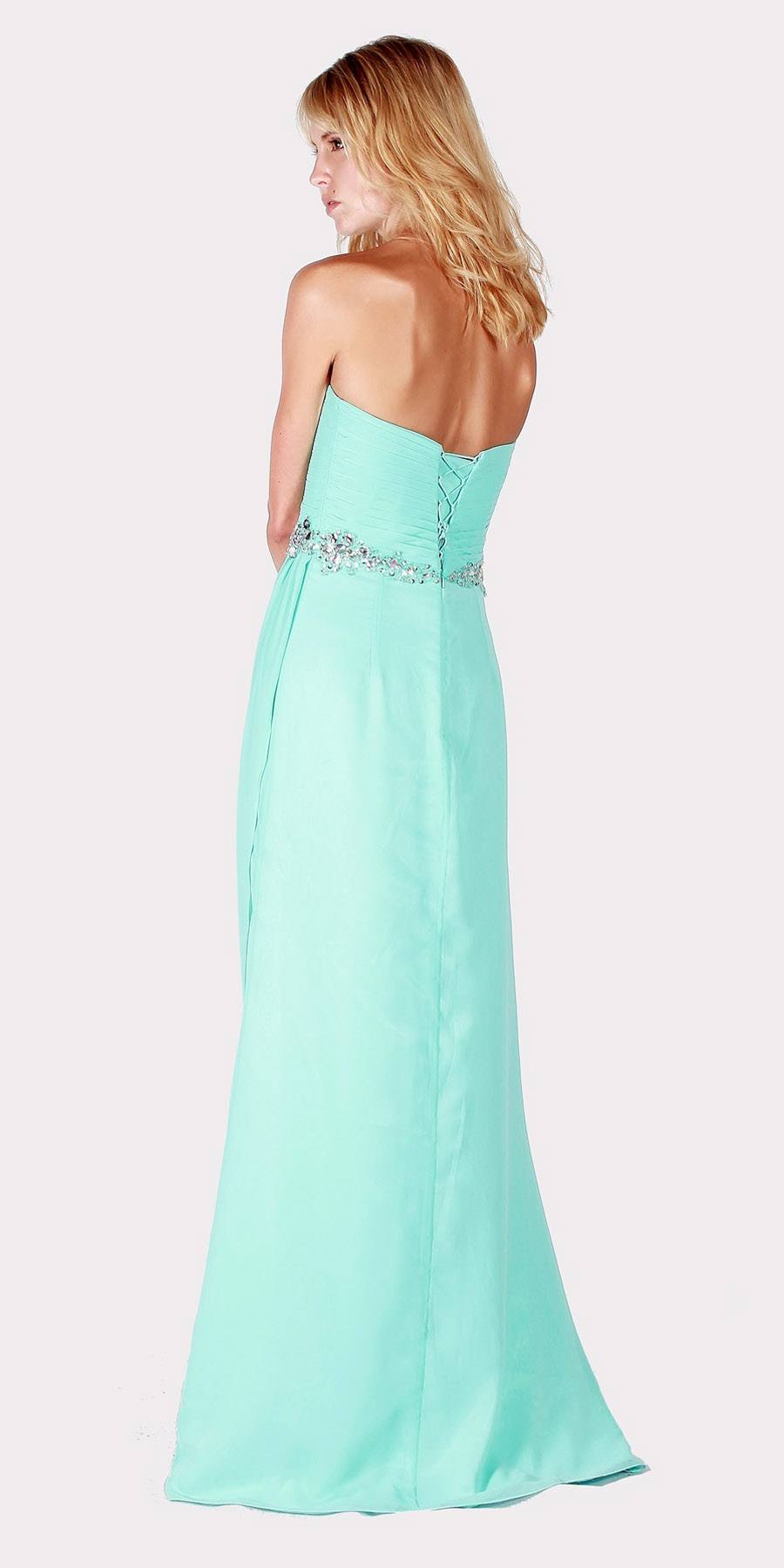 Strapless Long Formal Dress Embellished Waist Aqua