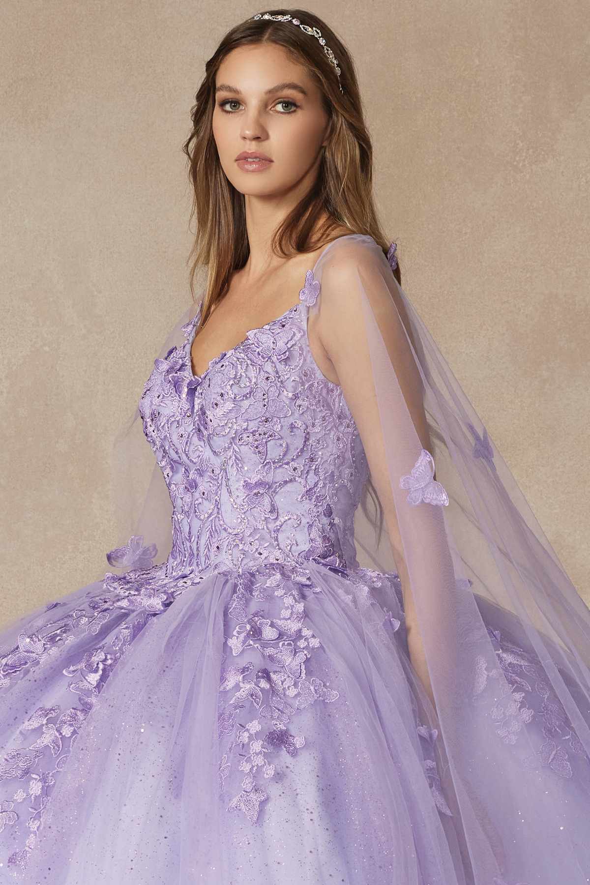 Juliet 1442 Long 3D Butterfly Appliques Strapless Bodice Cape
