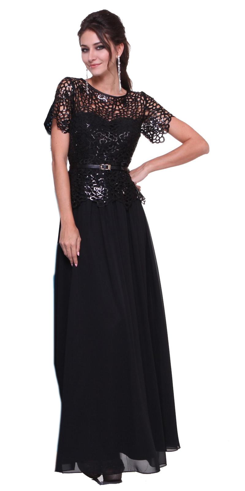 Long A Line Lace Bodice Black Semi Formal Gown Short Sleeve