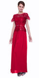 Long A Line Lace Bodice Red Semi Formal Gown Short Sleeve