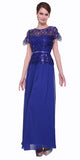 Long A Line Lace Bodice Royal Blue Semi Formal Gown Short Sleeve