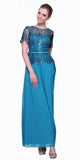 Long A Line Lace Bodice Teal Semi Formal Gown Short Sleeve