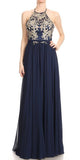 Navy Blue Appliqued Long Prom Dress High Neckline
