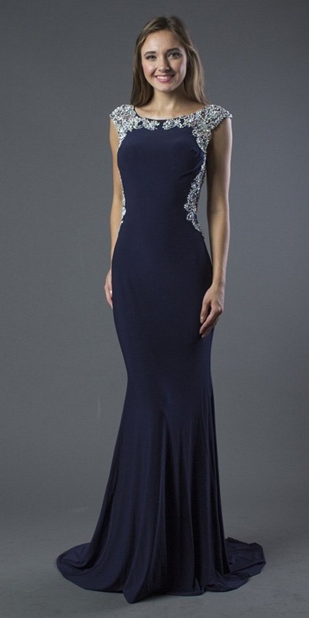 Embellished Illusion Back Mermaid Prom Gown Navy Blue