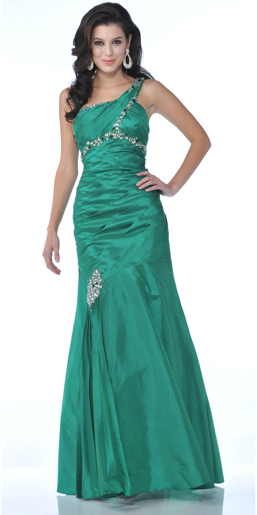 Green Long Special Occasion Dress Taffeta One Shoulder Rhinestone