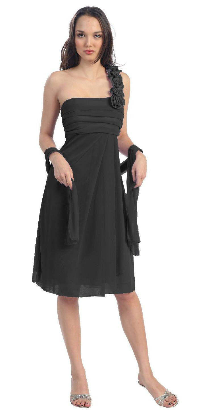 One Shoulder Knee Length Black Chiffon Bridesmaid Dress