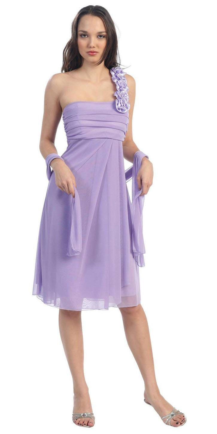 One Shoulder Knee Length Lilac Chiffon Bridesmaid Dress