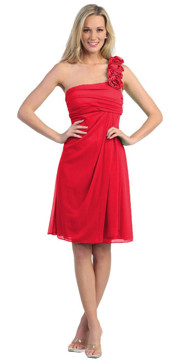One Shoulder Knee Length Red Chiffon Bridesmaid Dress