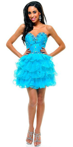 Ruffle Layer Tulle Skirt Plum Prom Dress Strapless Boned Rhinestones