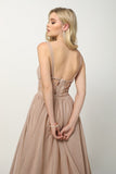 Juliet 201 Plunging V-Neckline Long Glitter Prom Dress Champagne A-Line