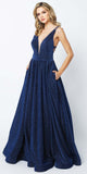 Juliet 201 Plunging V-Neckline Long Glitter Prom Dress Navy Blue A-Line