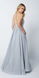 Juliet 201 Plunging V-Neckline Long Glitter Prom Dress Silver A-Line