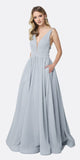 Juliet 201 Plunging V-Neckline Long Glitter Prom Dress Silver A-Line