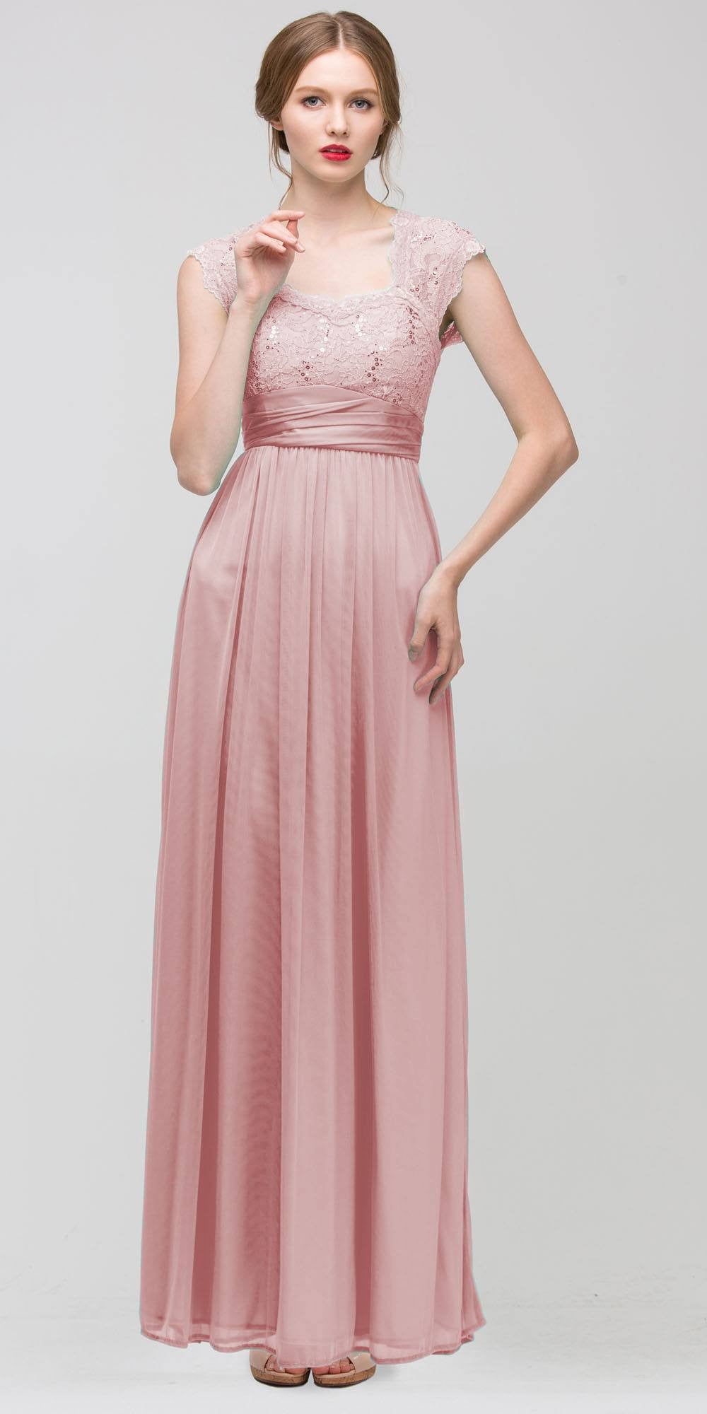 Sweetheart Neck Lace Bodice Dusty Pink Floor Length Dress