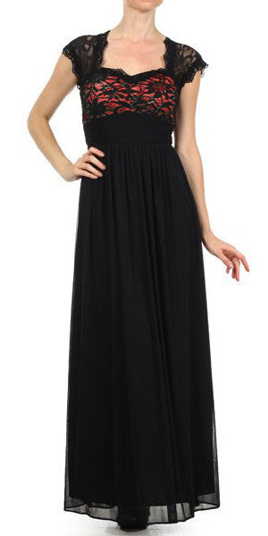 Sweetheart Neck Lace Bodice Black/Red Floor Length Dress