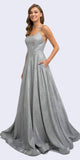 Juliet 203 Long Glitter Crepe Prom Dress Silver Back Cut Outs Pockets