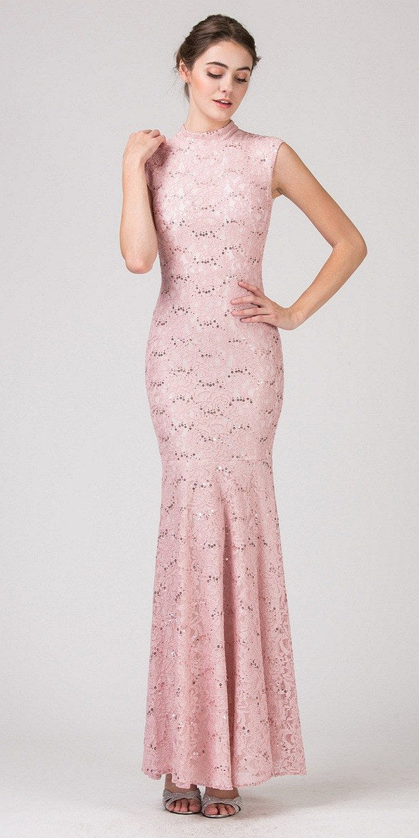 Eureka Fashion 2061 Cap Sleeve Lace Sheath Mermaid Dress Blush/Ivory High Neck