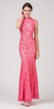 Eureka Fashion 2061 Cap Sleeve Lace Sheath Mermaid Dress Coral/Ivory High Neck