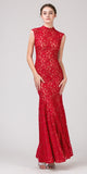 Eureka Fashion 2061 Cap Sleeve Lace Sheath Mermaid Dress Red/Gold High Neck
