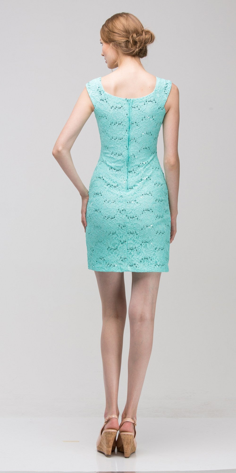 Mint Above Knee Lace Fitted Cocktail Dress Tank Strap Back View