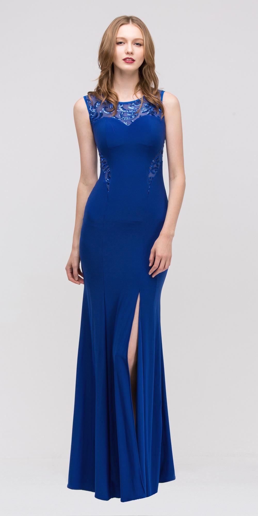 Royal Blue Jersey Sheer Cut-Out Round Neck Sleeveless Prom Dress