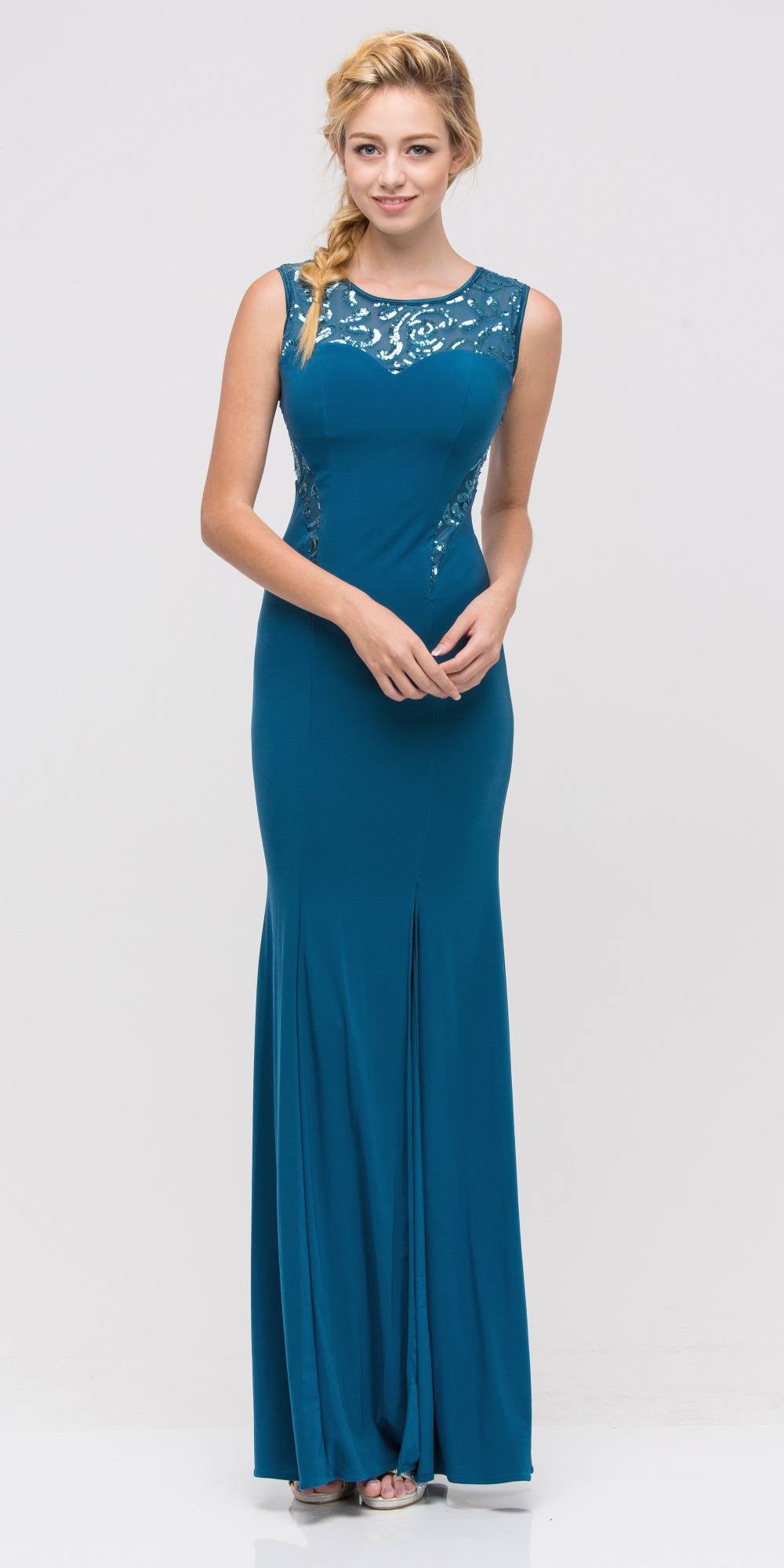 Teal Jersey Sheer Cut-Out Round Neck Sleeveless Prom Dress