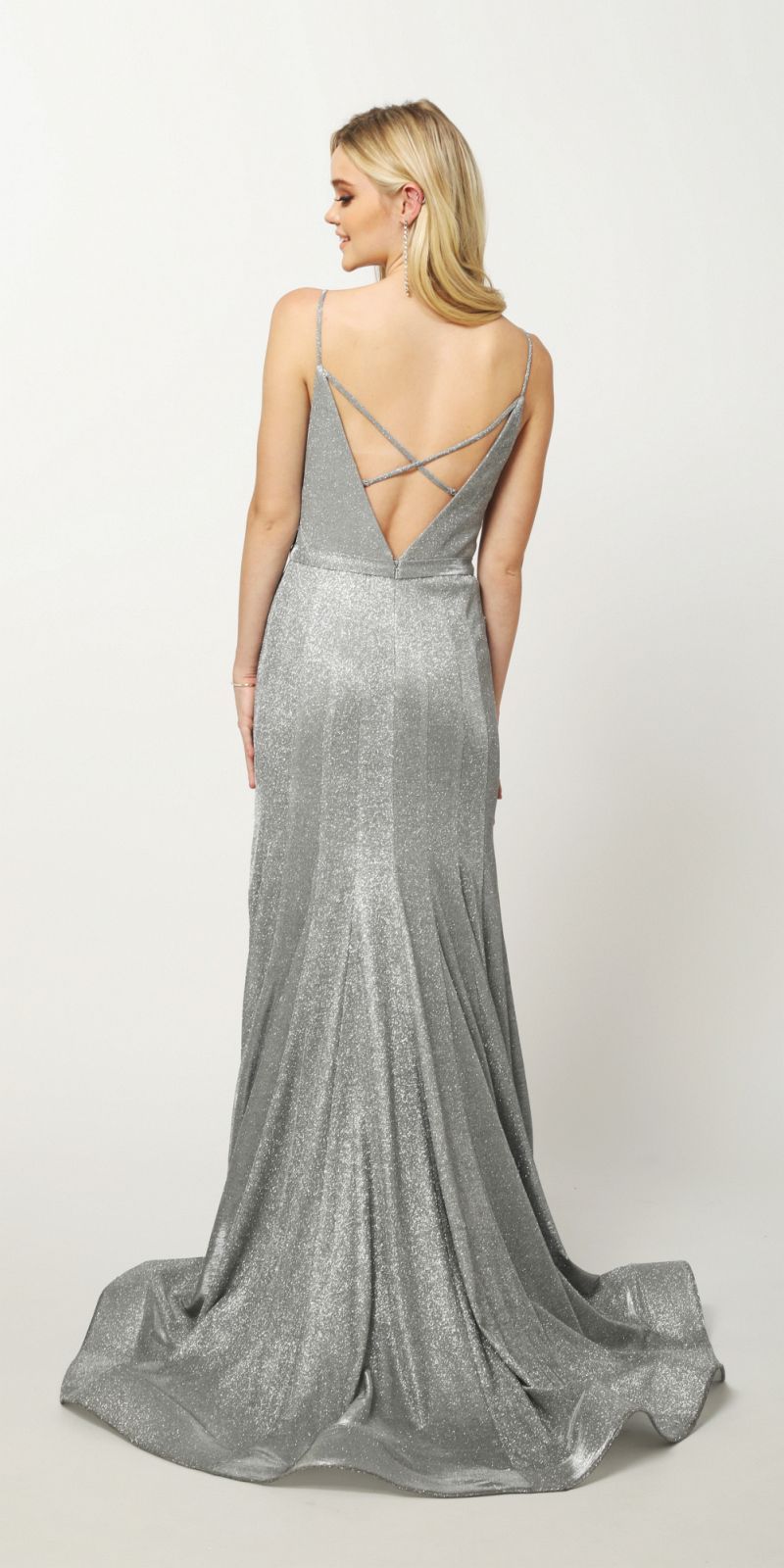 Juliet 207 Floor Length Low V-Neck Fitted Glitter Mermaid Prom Dress Silver