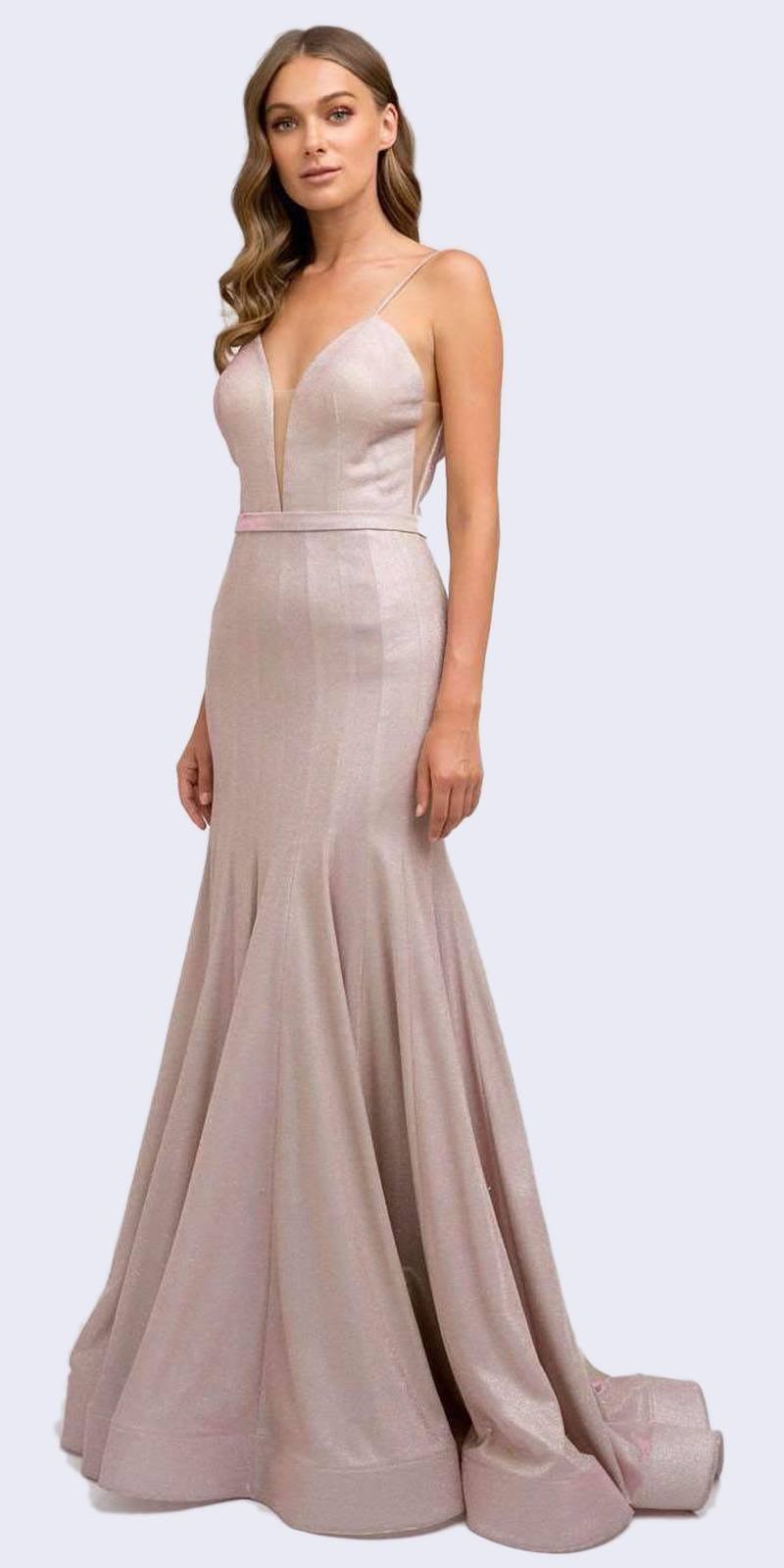 Juliet 207 Floor Length Low V-Neck Fitted Glitter Mermaid Prom Dress Rose Gold