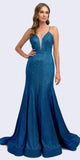 Juliet 207 Low V-Neck Fitted Glitter Mermaid Prom Dress Royal Blue