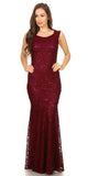 Sleeveless Lace Sequins Fit and Flare Evening Gown Burgundy Floor Length