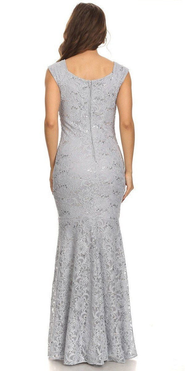 Sleeveless Lace Sequins Fit and Flare Evening Gown Silver Floor Length Back