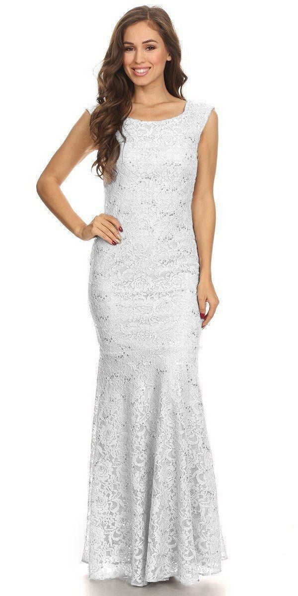 Sleeveless Lace Sequins Fit and Flare Evening Gown White Floor Length