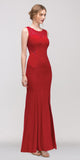 Round Neckline Red Evening Gown with Lace Accent and Slit 