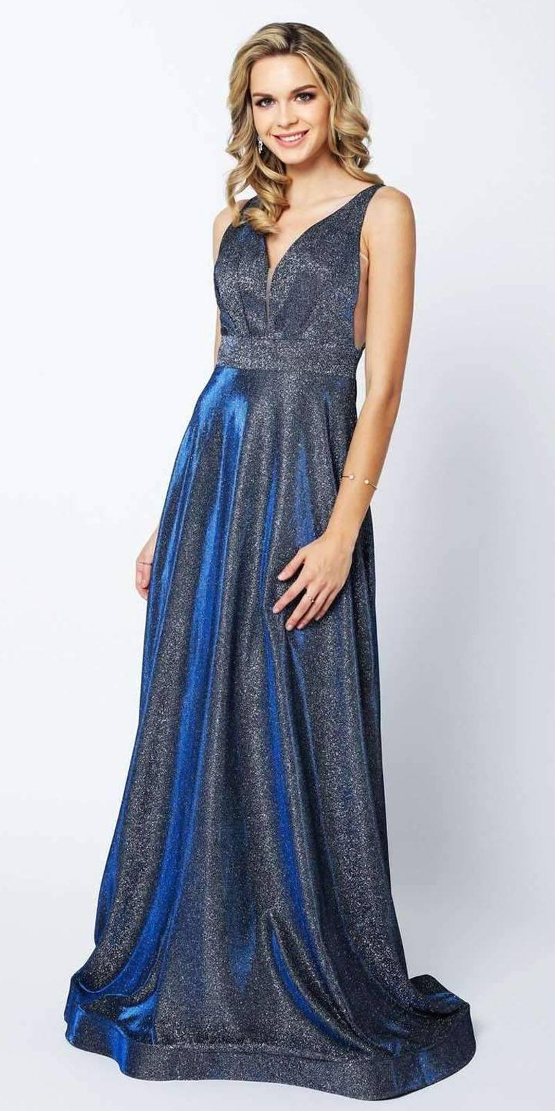 Cut-Out Strappy Back Glitter Long Prom Dress Navy Blue
